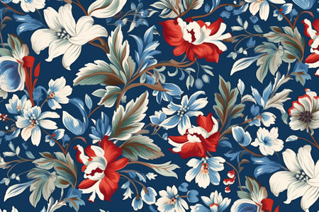Abstract floral pattern. Blooming flowers on dark background. Vibrant colors. Generative AIの素材