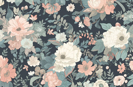 Pattern of leaves and blooming flowers. Pale colors on a dark background. Generative AIの素材