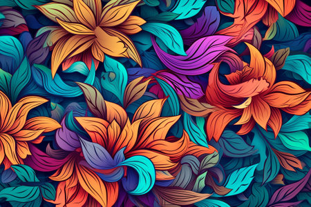 Floral background, vivid colors. Abstract leaf and flowers design on a dark background. Generative AIの素材
