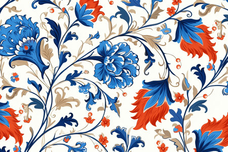 Pattern of leaves and blooming flowers. Vivid colors on white background. Generative AIの素材