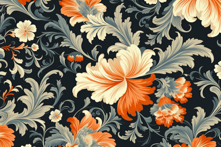 Abstract floral pattern. Blooming flowers on dark background. Deep colors. Generative AIの素材