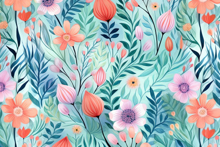 Watercolor flower pattern background. Green and red colors on a light background. Generative AIの素材