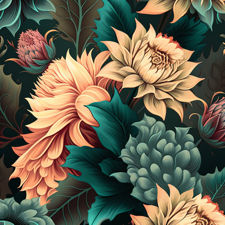 Abstract floral pattern. Blooming flowers on dark background. Vivid colors. Generative AIの素材