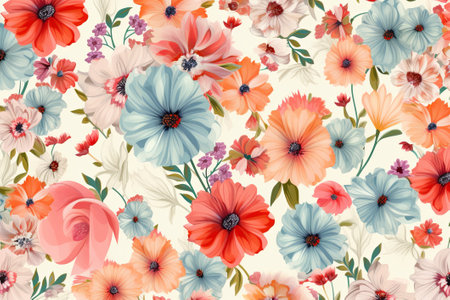 Pattern of leaves and blooming flowers. Bright colors on a light background. Generative AIの素材