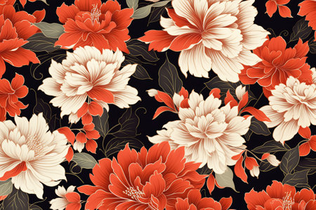 Pattern of leaves and blooming red flowers. Vivid colors on black background. Generative AIの素材