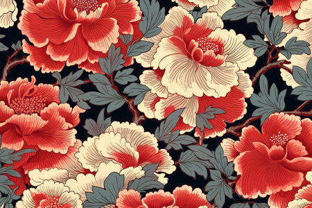 Abstract floral pattern. Blooming flowers on dark background. Deep colors. Generative AIの素材
