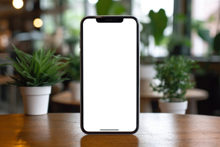 Mockup image: smartphone with white blank screen on wooden table in cafe. Mock up, copy space, template and technology concept. Generative AIの素材