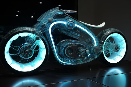 Futuristic cyberpunk transparent motorcycle with neon lights, transport of the future in the sci-fi style. Generative AIの素材