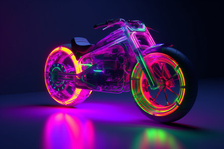 Futuristic motorcycle with multicolored neon lights on black background - the vehicle of the future concept. Generative AIの素材
