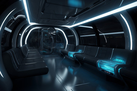 Interior of the salon of futuristic train, metro, subway - the vehicle of the future concept. Generative AIの素材