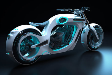 Futuristic white motorcycle with neon lights on black background - the vehicle of the future concept. Generative AIの素材