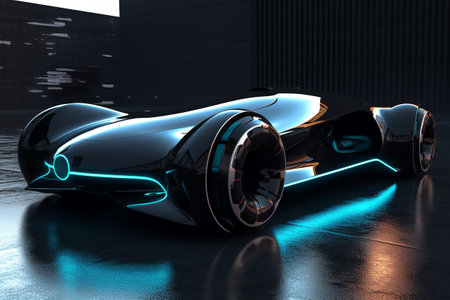 Futuristic car with blue neon lights on black background - the vehicle of the future concept. Generative AIの素材