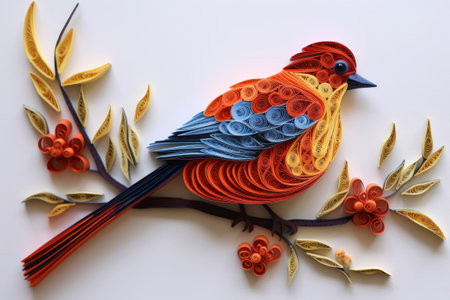 A bird on a tree branch in the technique of quilling. Papercraft, hobby concept. Generative AIの素材