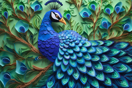 Multicolored peacock in the technique of quilling. Papercraft, hobby concept. Generative AIの素材