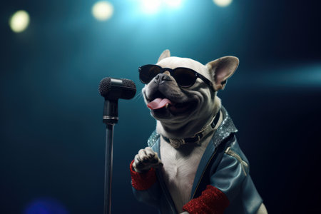Cute bulldog in leather jacket sings into a microphone on stageの素材
