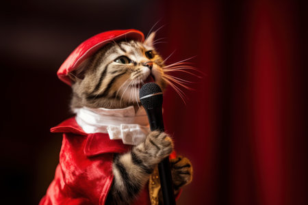 Cute cat in red suit and hat sings into a microphone on stageの素材