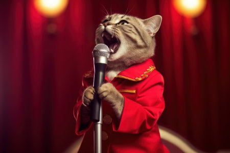 Cute cat in red suit sings into a microphone on stageの素材