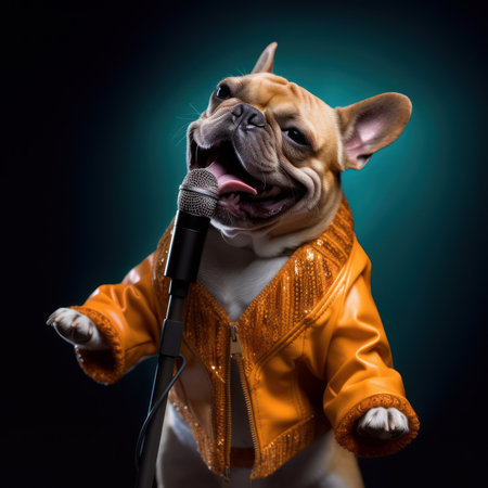 Cute bulldog in leather jacket sings into a microphone on stageの素材