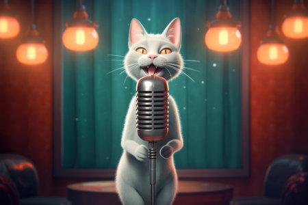 Grey cat sings into retro microphone on stage. Cartoon styleの素材