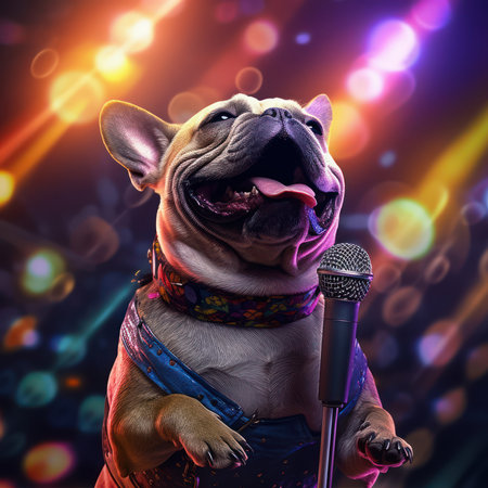 Cute bulldog sings into a microphone on stage. Blurred backgroundの素材