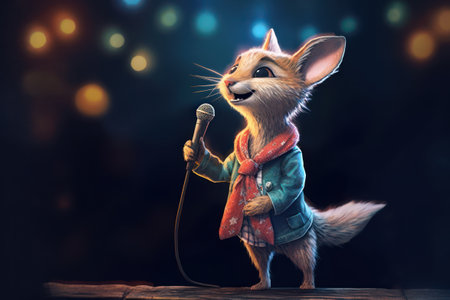 Cute squirrel in suit sings into a microphone on stageの素材