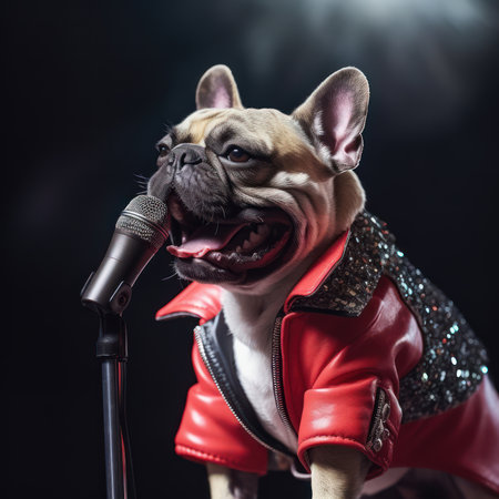 Fashionable bulldog in red jaket sings into a microphone on stageの素材