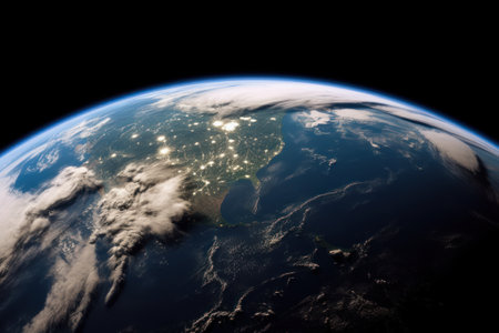 View of planet Earth from space with her atmosphere. Generative AIの素材