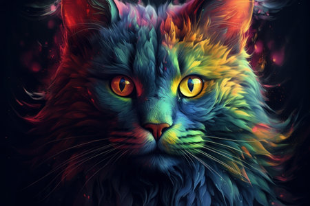 Portrait of a cat created with bright paint splatters. Generative AIの素材