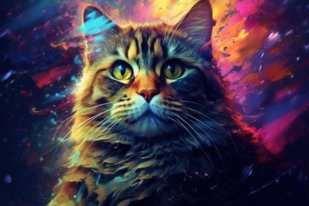 Multi coloured illustration art, the head of a cat painted with with splashes and splatters of paint. Generative AIの素材