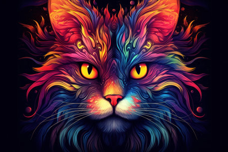 Multi coloured illustration art, the head of a cat painted with with splashes and splatters of paint. Generative AIの素材