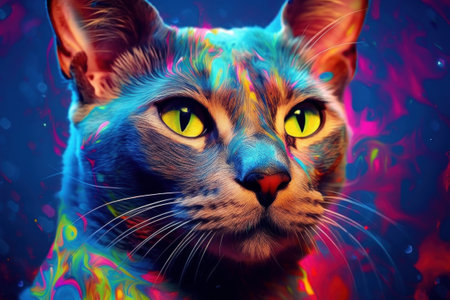 Multi coloured illustration art, the head of a oriental cat painted with with splashes and splatters of paint. Generative AIの素材