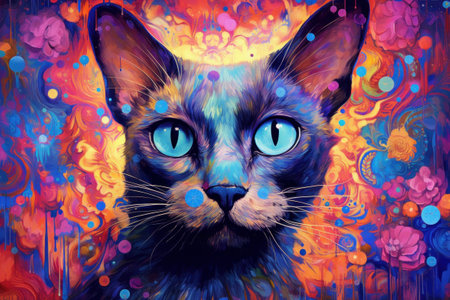 Multi coloured illustration art, the head of a siamese cat painted with with splashes and splatters of paint. Generative AIの素材