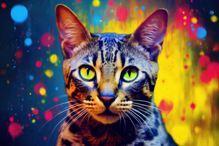 Multi coloured illustration art, the head of a egyptian mau cat painted with with splashes and splatters of paint. Generative AIの素材
