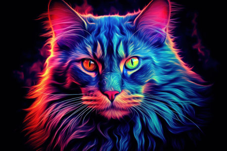 Multi coloured illustration art, the head of a maine coon cat painted with with splashes and splatters of paint. Generative AIの素材