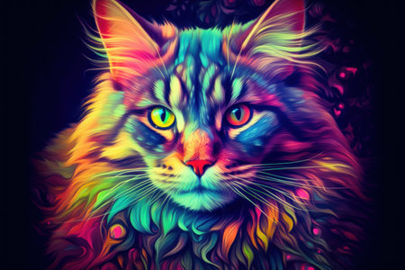 Multi coloured illustration art, the head of a maine coon cat painted with with splashes and splatters of paint. Generative AIの素材