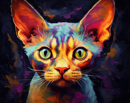 Bright abstract art - portrait of a devon rex cat painted with splashes of paint. Generative AIの素材