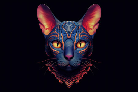 Multi coloured illustration art, the head of a sphinx cat painted with with splashes and splatters of paint. Generative AIの素材