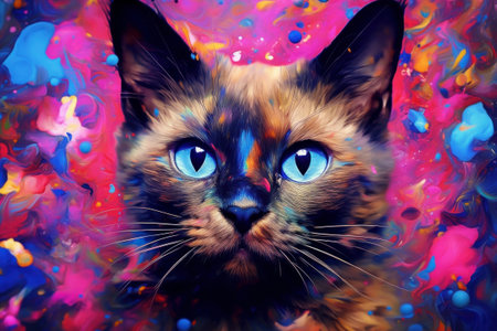 Colorful art - the head of a siamese cat painted with spots splashes of paint. Generative AIの素材
