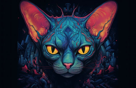Colorful art - the head of a sphinx cat painted with spots splashes of paint. Generative AIの素材