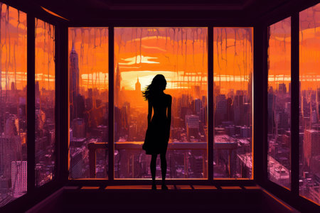 Silhouette of a woman at the window against the sunset. Generative AIの素材