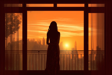 Silhouette of a woman at the window against the sunset. Generative AIの素材