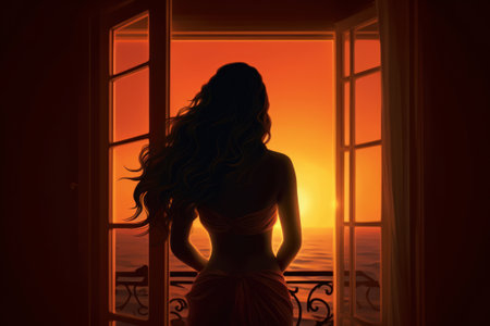 The silhouette of a young woman looking out of a window overlooking the sea. Generative AIの素材