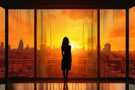 Silhouette of a young woman looking out of a window with a view of the city. Generative AIの素材