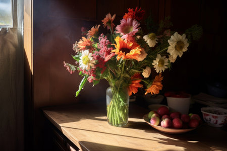 A bouquet of beautiful flowers in a vase on the table in the . Interior design, decoration concept. Generative AIの素材