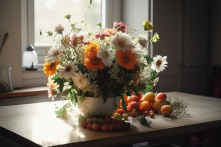 A bouquet of beautiful flowers in a vase on the table near fruit in the kitchen. Interior design, decoration concept. Generative AIの素材