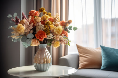 A bouquet of bright flowers in a glass vase on the table in the living room. Interior design, decoration concept. Generative AIの素材