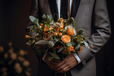 Stylish groom in suit with a wedding bouquet. Generative AIの素材