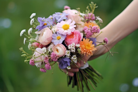 Woman holds a bouquet of wildflowers. Generative AIの素材