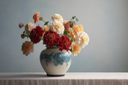 A bouquet of beautiful flowers in a vase on a table opposite a plain wall. Interior design, decoration concept. Generative AIの素材