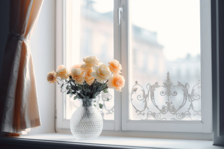 A bouquet of beautiful flowers in a vase on the windowsill near the window. Interior design, decoration concept. Generative AIの素材
